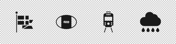 在旗杆、橄榄球、有轨电车和云与雨的图标上设置英国国旗。向量图片下载