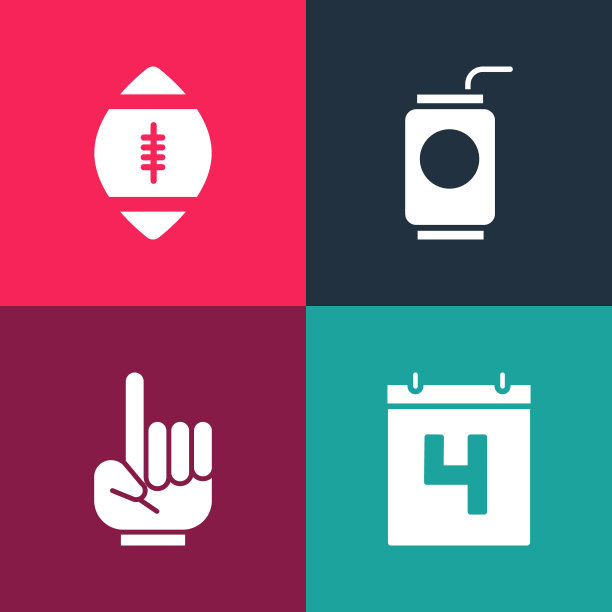 波普艺术设置：7月4日日历、1号手套、苏打吸管和橄榄球图标矢量图图片下载