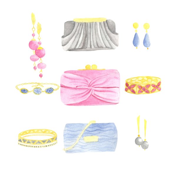 一套耳环，手链和晚装手袋蓝色，粉色和黑色，水彩画插图图片下载