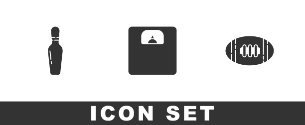 设置保龄球瓶，浴室秤和美国足球图标。向量图片下载