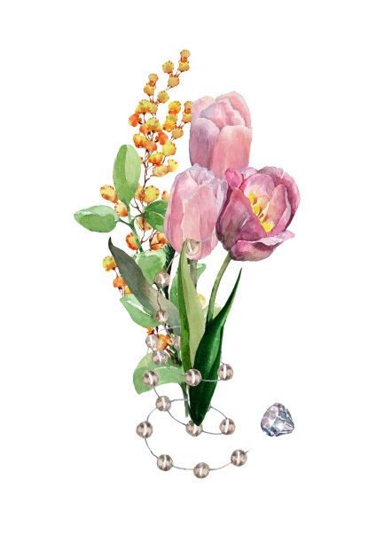 一束用珍珠和宝石装饰的郁金香、桉树和含羞草树枝的花。手绘水彩画在白色的背景。图片下载