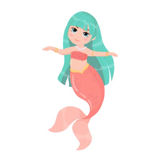 可爱的卡通美人鱼。蓝色头发和粉色尾巴的小美人鱼。一个神奇的生物。矢量插图孤立在白色背景。图片下载