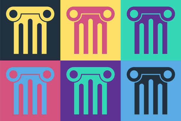 波普艺术古老的柱子图标孤立在色彩背景上。向量图片下载