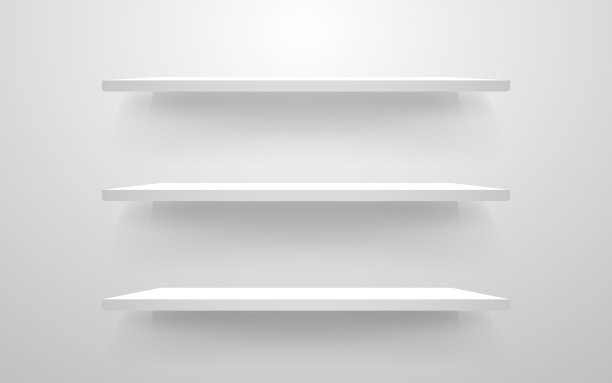 白色的货架模型。空货架模板。现实的书架设计。室内元素挂在墙上。现代水平的架子上。矢量图图片下载