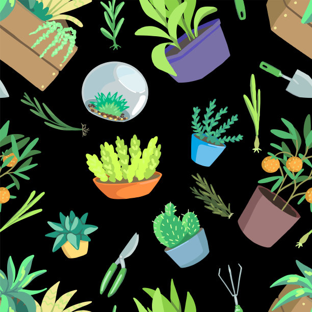 园艺主题，工具，盆栽植物。手绘矢量无缝模式。春季卡通装饰色彩鲜艳。设计织物，纺织品，壁纸，背景，印刷，装饰，包装，卡片图片下载