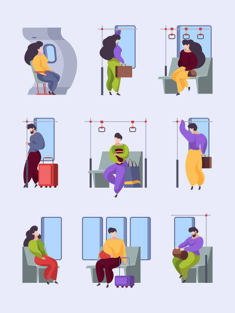 累了的人的汽车。城市交通内部用站着、坐着、懒着、累着、下班后、公共地铁、汽车、飞机、公交等花哨的矢量平面插图图片下载