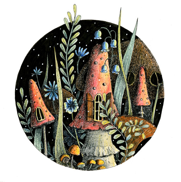 夜晚森林中的蘑菇村。图片下载