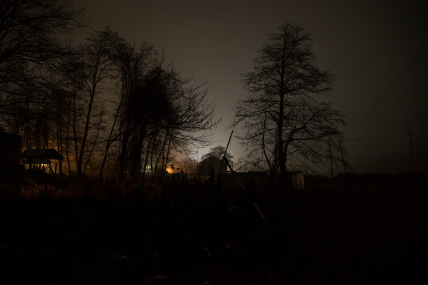 老房子与一个幽灵在森林晚上或废弃的鬼屋在雾。枯树林中神秘的老建筑。夜晚有月亮的树。超现实的灯。万圣节恐怖的概念图片下载