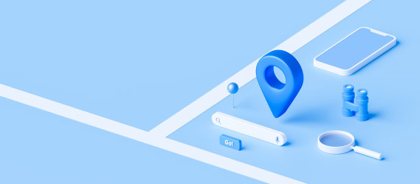 等距地图和定位针或导航图标标志在蓝色背景与搜索概念。3 d渲染。图片下载