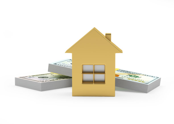 金色的房子和成捆的美钞图片下载