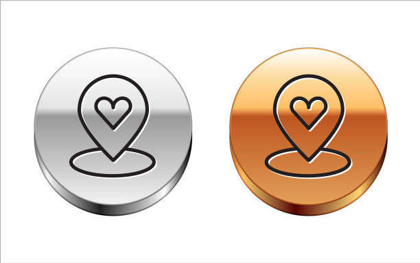 黑线地图指针与心脏图标隔离图片下载