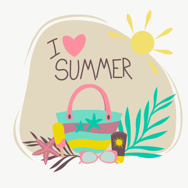 夏季项目集矢量平面设计，以海滩度假为主题。图像孤立的白色背景。图片下载