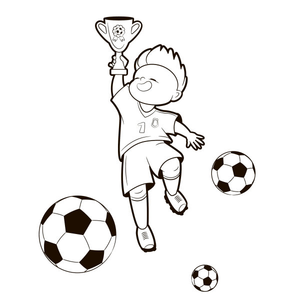 彩色书;获胜的男孩以足球运动员的形式在他的手中拿着冠军杯。矢量插图卡通风格，黑白线艺术图片下载