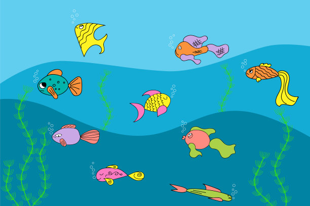 五颜六色的鱼在海里游泳。手绘。儿童插画、贴纸、时装设计。图片下载