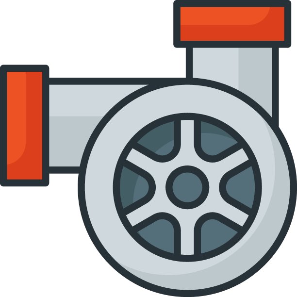 涡轮驱动强制感应装置概念矢量颜色图标设计，汽车服务和汽车修理厂符号，卡车涡轮增压器备件标志，汽车机械库存插图图片下载