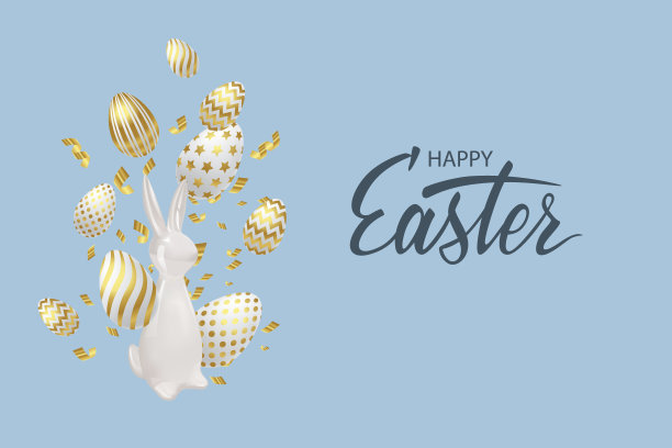 复活节快乐背景。3d白色陶瓷兔子和兔子，装饰蛋和金色的五彩纸屑。图片下载