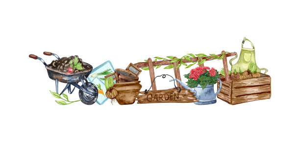 由园林工具和物体构成的水彩园艺作品。花园框架完美的卡片，博客。图片下载