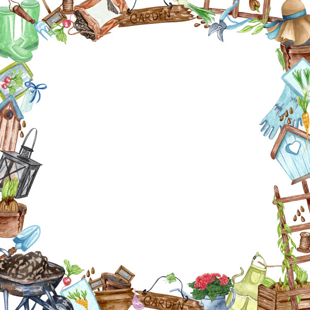 由园林工具和物体构成的水彩园艺作品。花园框架完美的卡片，博客。图片下载