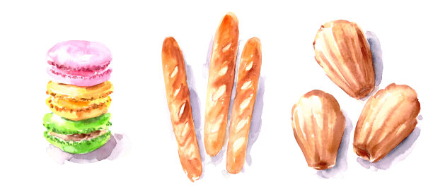 手绘水彩与法国食物插图图片下载