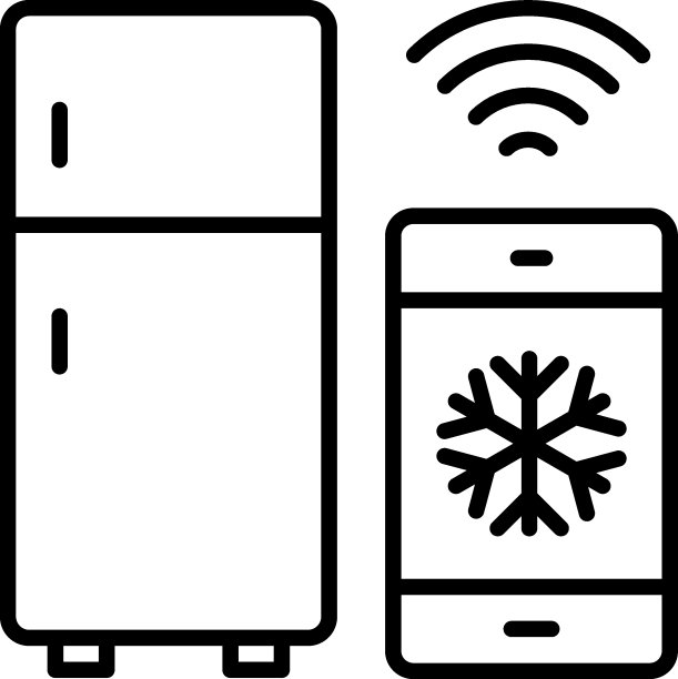 冰箱控制通过移动应用程序矢量线图标设计，物联网符号白色背景，物联网和自动化库存插图，互联网冰箱概念，图片下载