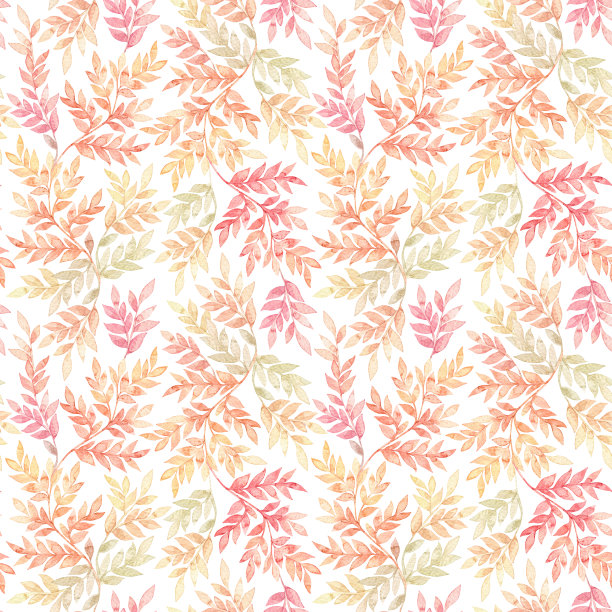 植物水彩无缝图案。花的背景。橙色、红色和绿色的叶子图案丰富多彩。适用于纺织品、织物、包装纸、亚麻布、墙纸等图片下载