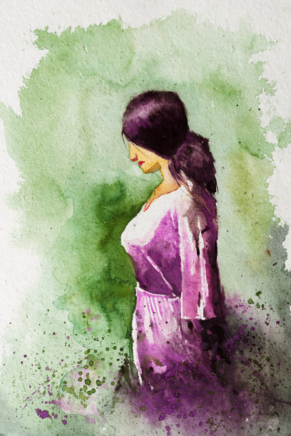 侧面的印度女人的绿色背景，图片下载