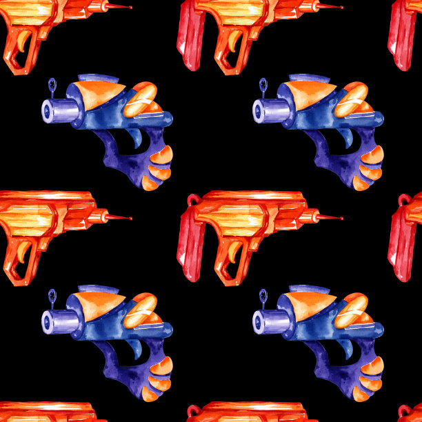 无缝模式，水彩手绘插图，神奇的武器，太空手枪，爆破在黑暗的背景。给孩子们，男孩子们的照片。图片下载