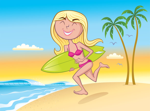 冲浪女孩和冲浪板在海滩上跑步素材图片