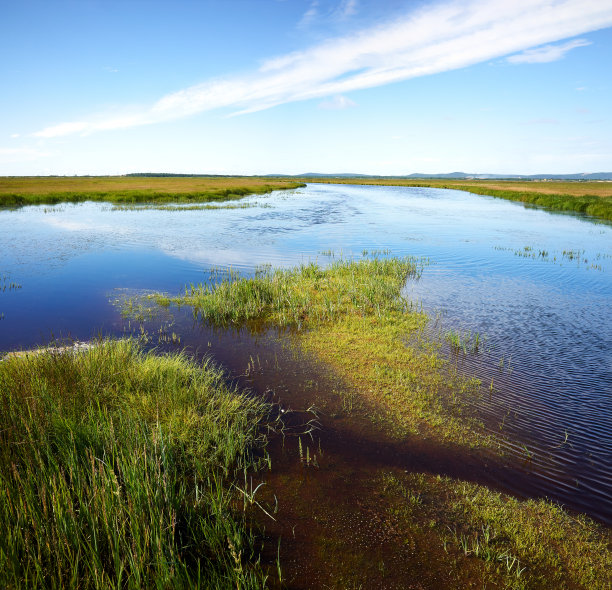 湖面上泛起阵阵涟漪，四周绿草如茵，天空湛蓝图片下载