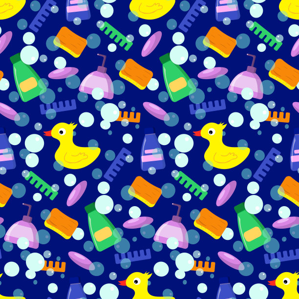 带淋浴用品的橡皮鸭。儿童模式。图片下载