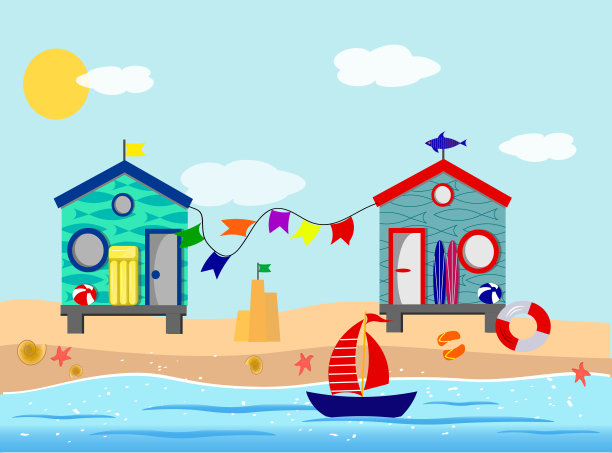 海滩房子，沙子，大海，太阳，冲浪和用具的海边度假。图片下载