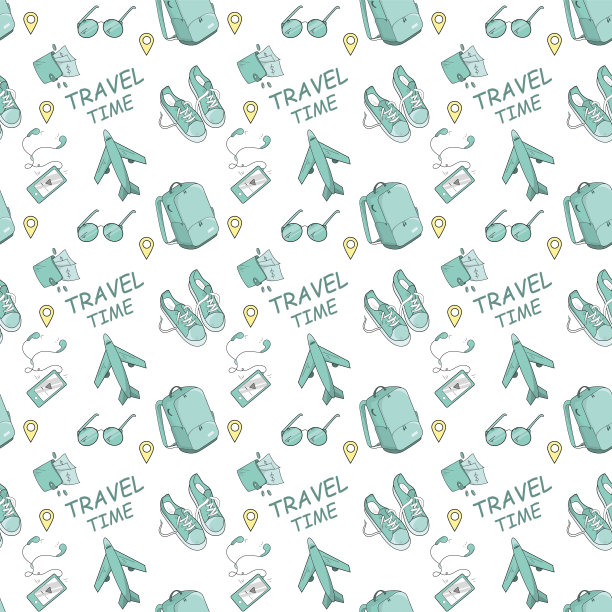 无缝模式的旅游主题涂鸦风格。设计，排版，印刷，标签。图片下载