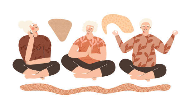 做瑜伽的成熟女士。莲花姿势的中年妇女。快乐的老年妇女做运动。一起做瑜伽。健康的生活方式的概念。平面矢量卡通插图图片下载