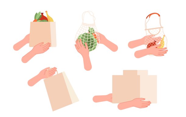 手拿购物袋。递送、食品采购或包裹。网上购物暗喻，孤立手握包向量集图片下载