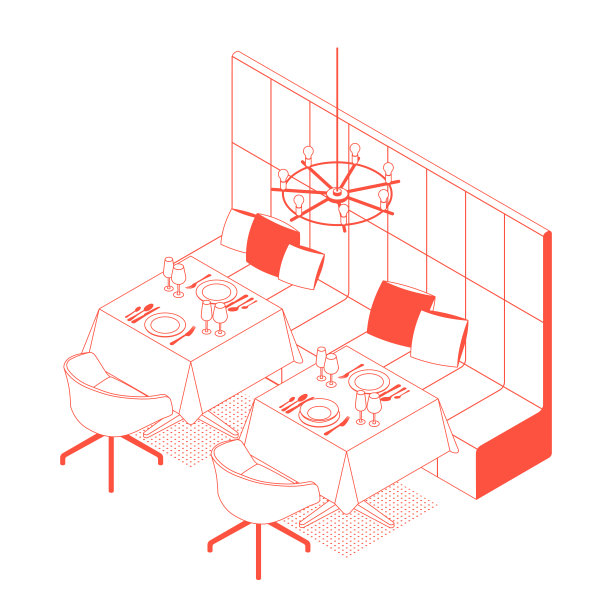 等距红色餐厅、咖啡厅。矢量插图，线条艺术。图片下载