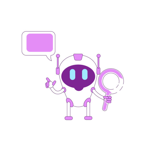 虚拟助理平面颜色矢量字符。带着放大镜的男孩机器人。聪明的人工智能。紫色人形机器人与语音气泡隔离卡通插图的网页平面设计和动画图片下载