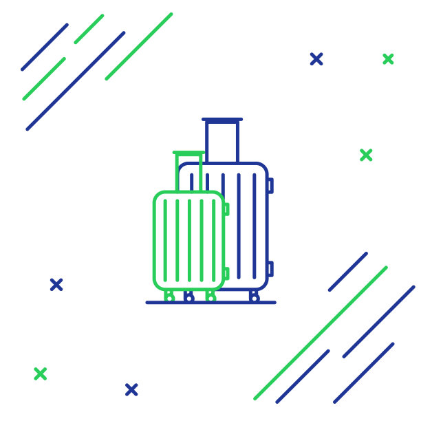 蓝色和绿色线旅行箱旅行图标孤立在白色背景。旅行的行李的迹象。旅行的行李图标。色彩斑斓的轮廓的概念。矢量图图片下载