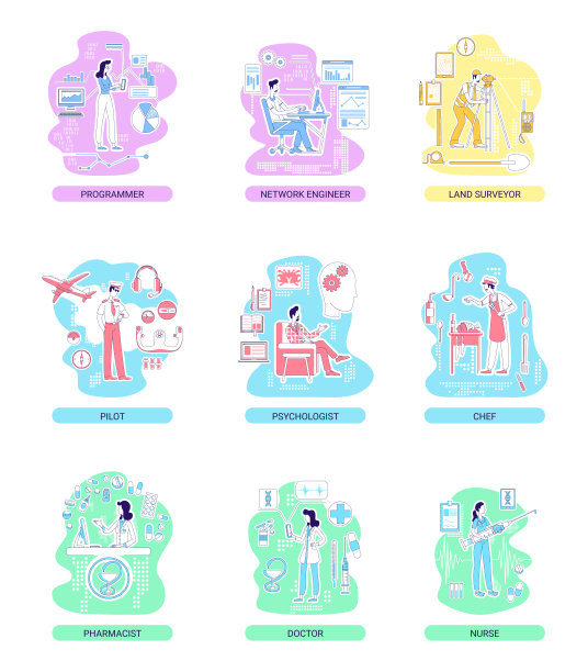 医疗和IT、服务和工业专业细线矢量插画概念集。男女员工2D卡通人物网页设计。职业指导创意理念图片下载