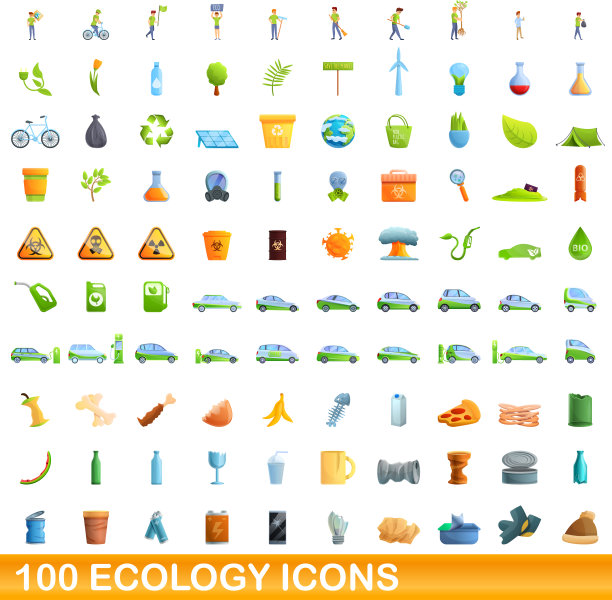 100个生态图标设置卡通风格图片下载