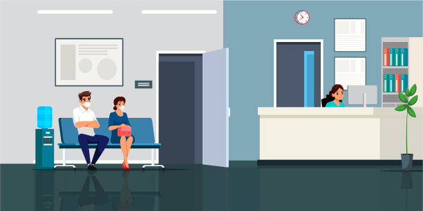 戴口罩的人们在诊所大厅等待医生图片下载