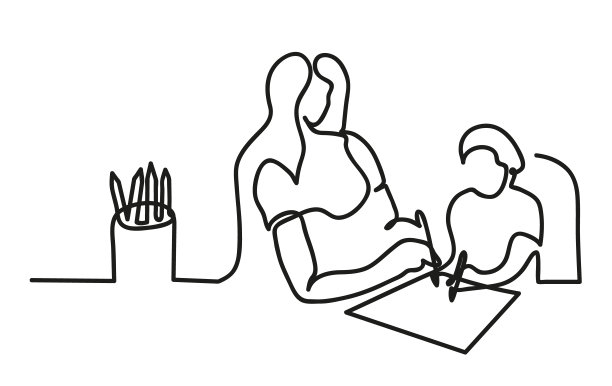 一个个画着线条的可爱小女孩一起坐在妈妈家里的桌子上画画。图片下载