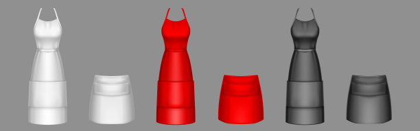 厨师围裙，黑，红，白制服挂在衣架上图片下载