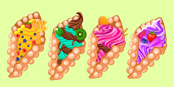 一套香港华夫饼与冰淇淋水果和浆果。矢量插图。图片下载