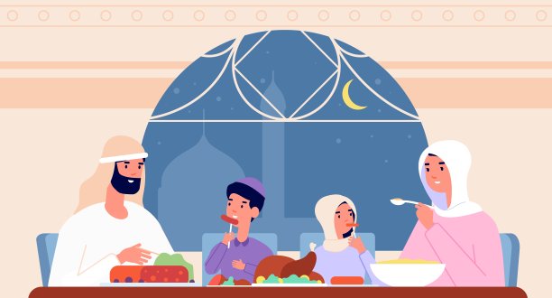 家庭斋月晚餐。阿拉伯人在家里聚餐。阿拉伯父母和孩子，沙特餐在餐桌上完全矢量插图图片下载