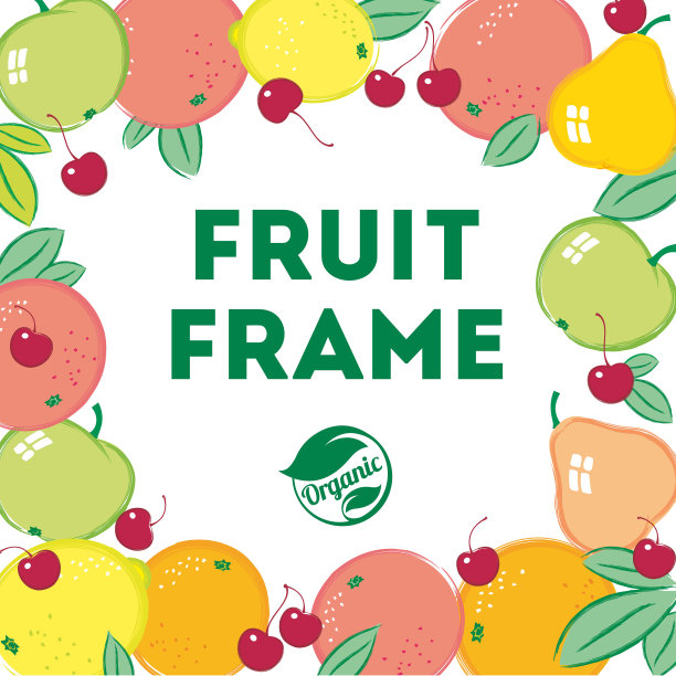 水果和树叶的框架。简单的平面装饰水果在白色的背景。图片下载