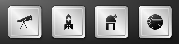设置望远镜，火箭船，天文台和行星图标。银广场按钮。向量图片下载