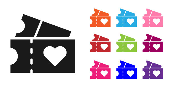 黑色爱票图标孤立在白色背景。情人节的标志。夫妻关系的象征。设置图标丰富多彩。向量图片下载