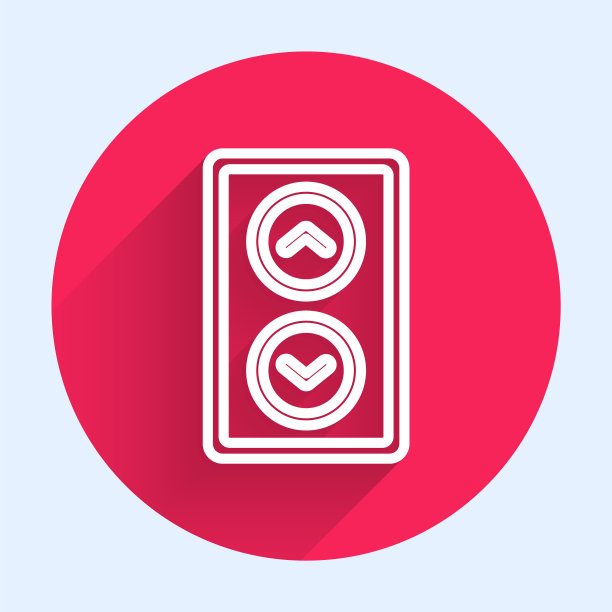 白线电梯图标孤立与长阴影。电梯的象征。红色圆圈按钮。向量图片下载