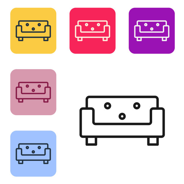 黑色线沙发图标隔离在白色背景。在彩色方形按钮中设置图标。向量图片下载