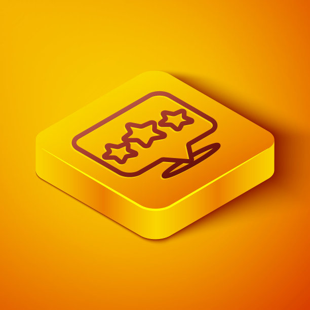 五星客户产品评级评论图标孤立在橙色背景上。最受欢迎，最佳评分，奖项象征。黄色正方形按钮。向量图片下载